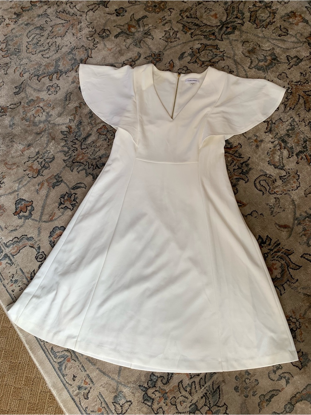 Calvin Klein Cream V‑Neck Midi Dress with Flutter Sleeves